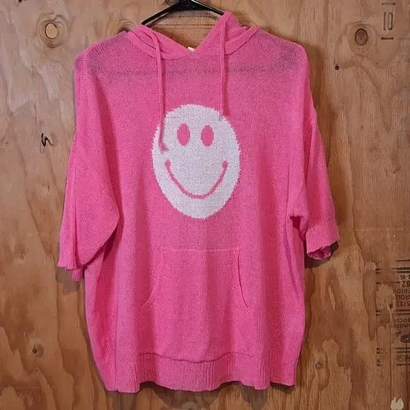 BiBi Hooded Short Sleeve Sweater Women's Medium Smiley Face Spring Summer Beach - Picture 1 of 7